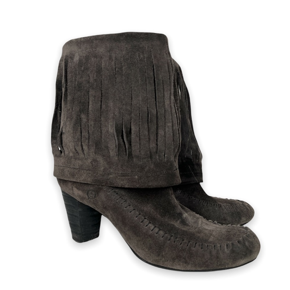 Born‎ Banbury Gray Suede Leather Heel Fringe Ankle Booties Slip On Size 7.5